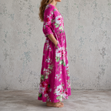 Capucine™ | Robe longue en lin à bouquets de roses champêtres