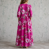 Capucine™ | Robe longue en lin à bouquets de roses champêtres