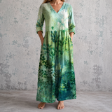 Émeraude™ | Robe longue en lin à imprimé feuillage aquarellé