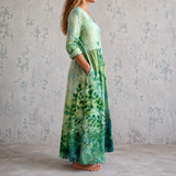 Émeraude™ | Robe longue en lin à imprimé feuillage aquarellé