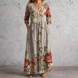 Adélaïde™ | Robe longue en lin à imprimé floral peint sur fond écru