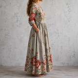 Adélaïde™ | Robe longue en lin à imprimé floral peint sur fond écru