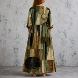 Augustine™ | Robe longue en lin à patchwork géométrique et blocs aquarellés