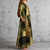 Augustine™ | Robe longue en lin à patchwork géométrique et blocs aquarellés