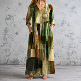 Augustine™ | Robe longue en lin à patchwork géométrique et blocs aquarellés