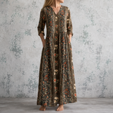 Honorine™ | Robe longue en lin à imprimé floral en panneaux sur fond sombre