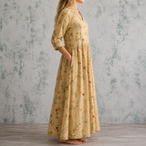 Albertine™ | Robe longue en lin à fines fleurs grimpantes sur fond écru