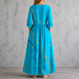 Océane™ | Robe longue en lin à imprimé aquarellé et branche florale dorée
