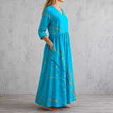 Océane™ | Robe longue en lin à imprimé aquarellé et branche florale dorée