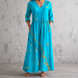Océane™ | Robe longue en lin à imprimé aquarellé et branche florale dorée