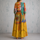 Solange™ | Robe longue en lin à imprimé artistique multicolore expressif