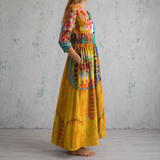 Solange™ | Robe longue en lin à imprimé artistique multicolore expressif