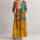 Solange™ | Robe longue en lin à imprimé artistique multicolore expressif