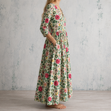 Florine™ | Robe longue en lin à roses et feuillage fleuri