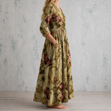 Ambroisine™ | Robe longue en lin à imprimé floral peint façon toile ancienne