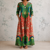 Ottoline™ | Robe longue en lin à imprimé baroque damassé aux tons joyaux