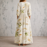 Blanche™ | Robe longue à imprimé floral aquarellé délavé sur fond ivoire