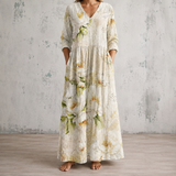 Blanche™ | Robe longue à imprimé floral aquarellé délavé sur fond ivoire