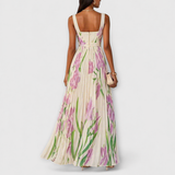 Rosalind | Robe Maxi en Chiffon Floral Plissé avec Ceinture à la Taille