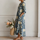 Margrit | Elegantes Boho-Midikleid mit Blumen-Print in Indigo
