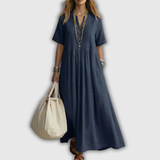 Elowen | Robe Maxi en Lin à Col V Plissé