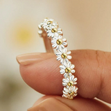 Bague réglable en argent et émail peint à la main avec des marguerites