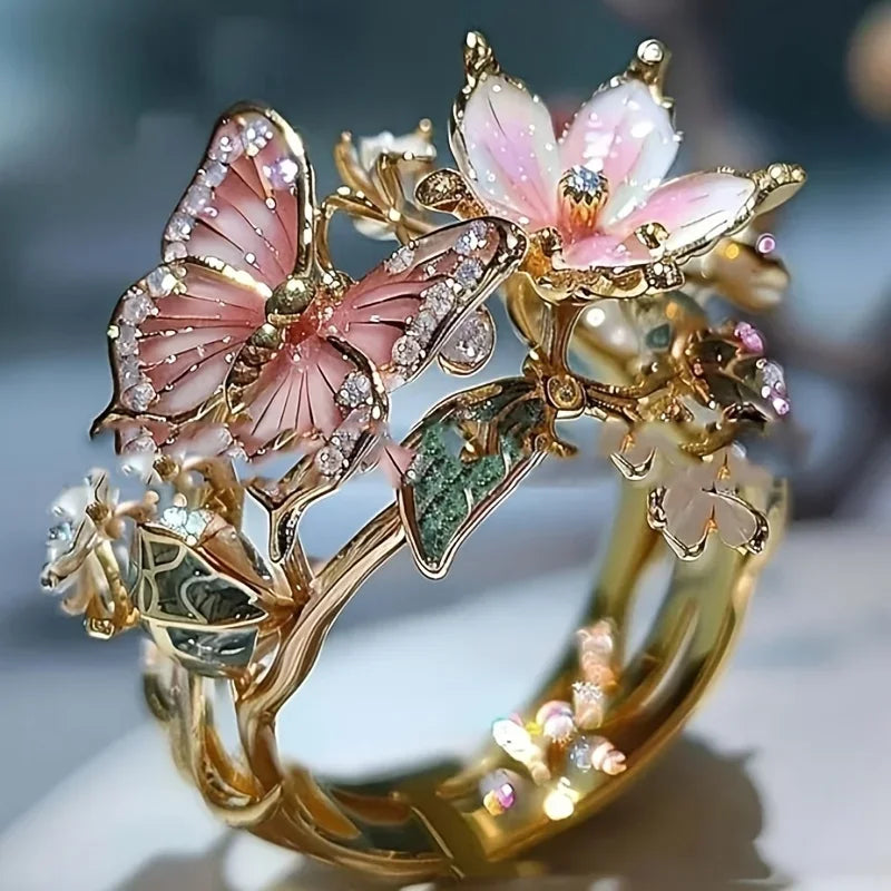 Bague papillon brillante en nature avec zircon