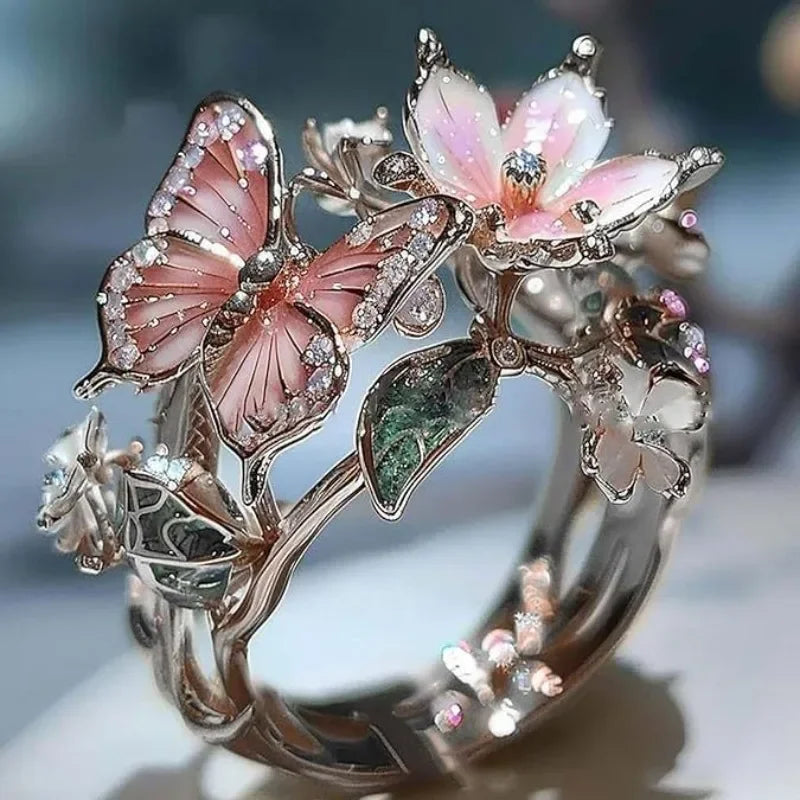 Bague papillon brillante en nature avec zircon