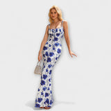 Thalia - Robe de bal à imprimé floral avec bretelles nouées