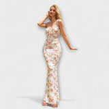 Thalia - Robe de bal à imprimé floral avec bretelles nouées