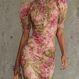 Vintage-Rosenmuster Maxi-Kleid mit Puffärmeln (Zubehör nicht enthalten)