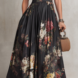 Schwarzes Schlüssellochkragen Blüten Falten Satin Midi Kleid