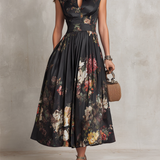 Schwarzes Schlüssellochkragen Blüten Falten Satin Midi Kleid