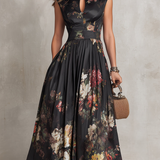 Schwarzes Schlüssellochkragen Blüten Falten Satin Midi Kleid