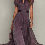 Lila Keyhole-Ausschnitt Chiffon Kleid mit Spitzenbesatz