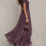 Lila Keyhole-Ausschnitt Chiffon Kleid mit Spitzenbesatz