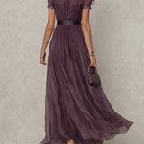 Lila Keyhole-Ausschnitt Chiffon Kleid mit Spitzenbesatz