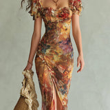 Oranges Bohemian Urlaubs-Ölgemälde Druck Chiffon Maxi Kleid