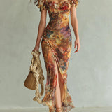 Oranges Bohemian Urlaubs-Ölgemälde Druck Chiffon Maxi Kleid