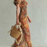 Oranges Bohemian Urlaubs-Ölgemälde Druck Chiffon Maxi Kleid