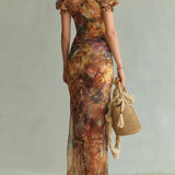 Oranges Bohemian Urlaubs-Ölgemälde Druck Chiffon Maxi Kleid