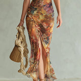 Oranges Bohemian Urlaubs-Ölgemälde Druck Chiffon Maxi Kleid