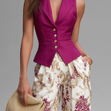 Rosa Pink ärmellose Weste und floral bedruckte weite Hosen Set