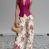 Rosa Pink ärmellose Weste und floral bedruckte weite Hosen Set