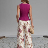 Rosa Pink ärmellose Weste und floral bedruckte weite Hosen Set