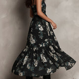 Schwarzes Bohemian Blumenmuster Unregelmäßiges Trägerloses Maxi-Kleid