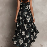 Schwarzes Bohemian Blumenmuster Unregelmäßiges Trägerloses Maxi-Kleid