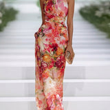 Rotes Chiffon Floral Halter-Neck Ärmelloses Maxikleid