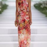 Rotes Chiffon Floral Halter-Neck Ärmelloses Maxikleid