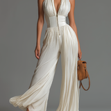 Weißes V-Ausschnitt ärmelloses Reißverschluss Falten-weitbein Chiffon Jumpsuit